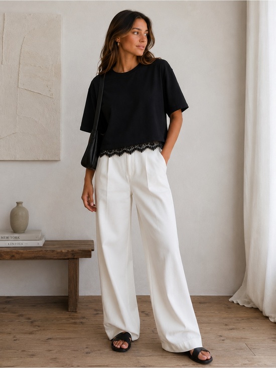 LOFT Tops - LOFT Black Lace Hem Crop Tee | Size Small